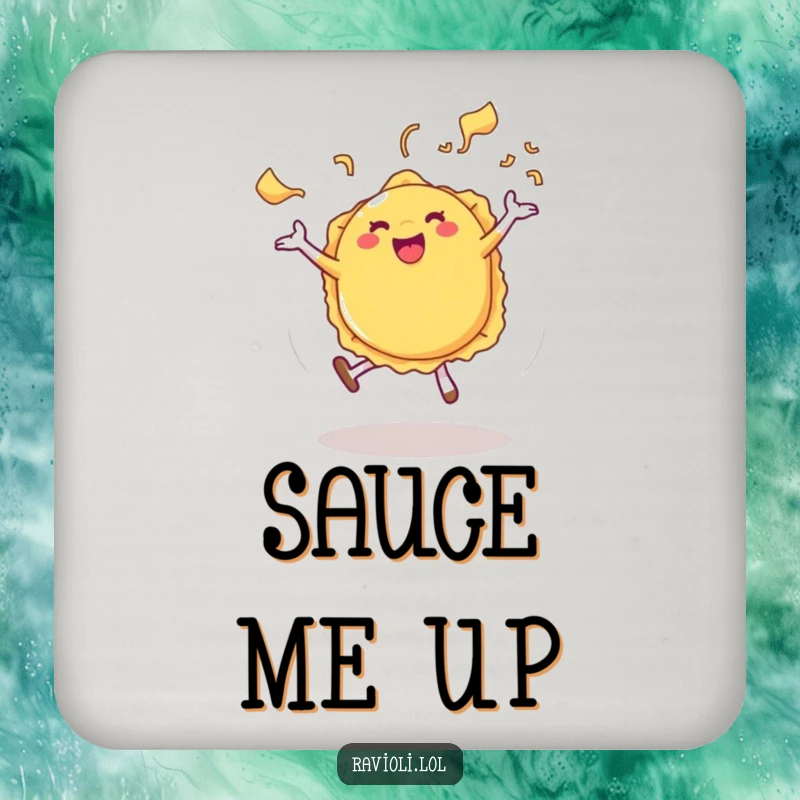 Funny Ravioli Coasters depicting a ravioli character cartwheeling with pasta steam, protecting surfaces with humor.