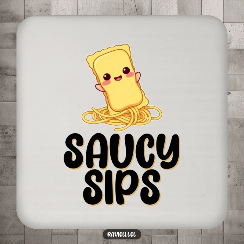 Funny ravioli character sliding down a spaghetti strand on a drink coaster, offering functional pasta-themed humor.