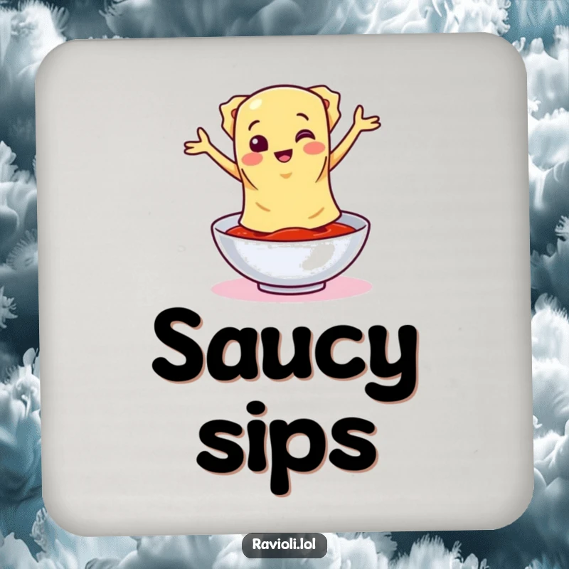 A drink coaster featuring a funny ravioli character doing a silly dance around a bowl of sauce, adding playful energy.