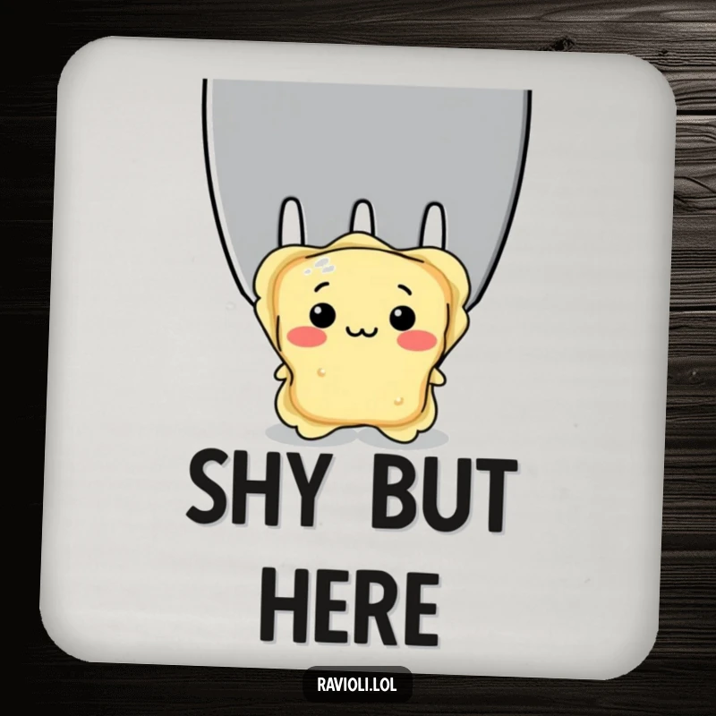 Funny shy ravioli peeking from behind a fork, cute Italian pasta character on a coaster, perfect for funny table protection.