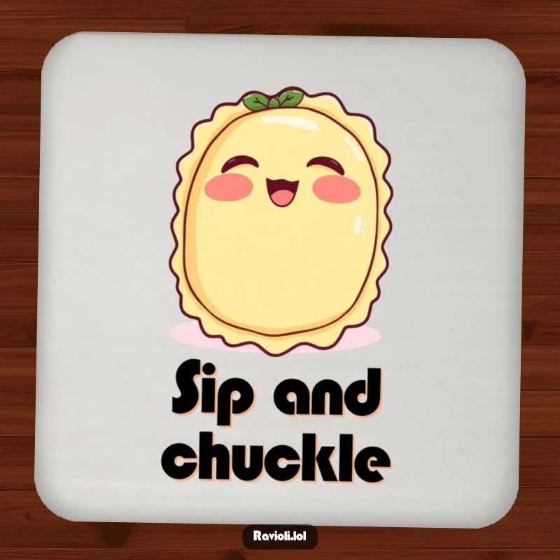 Funny ravioli with rosy cheeks giggling uncontrollably, coaster with a joyful Italian pasta character, perfect funny table protection.