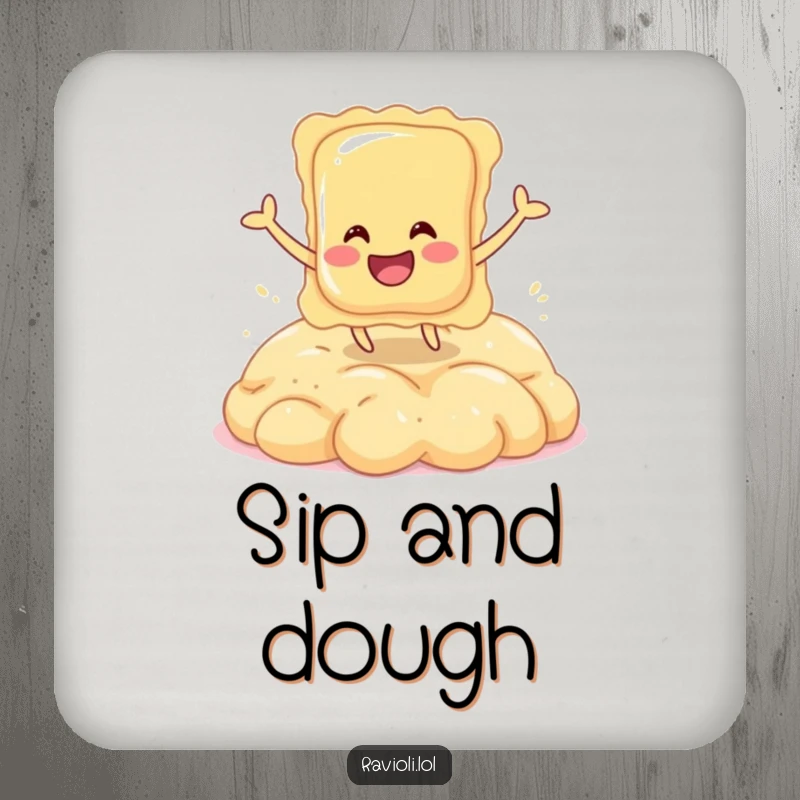 Funny drink coaster featuring a smiling ravioli character bouncing on dough, adding culinary charm.