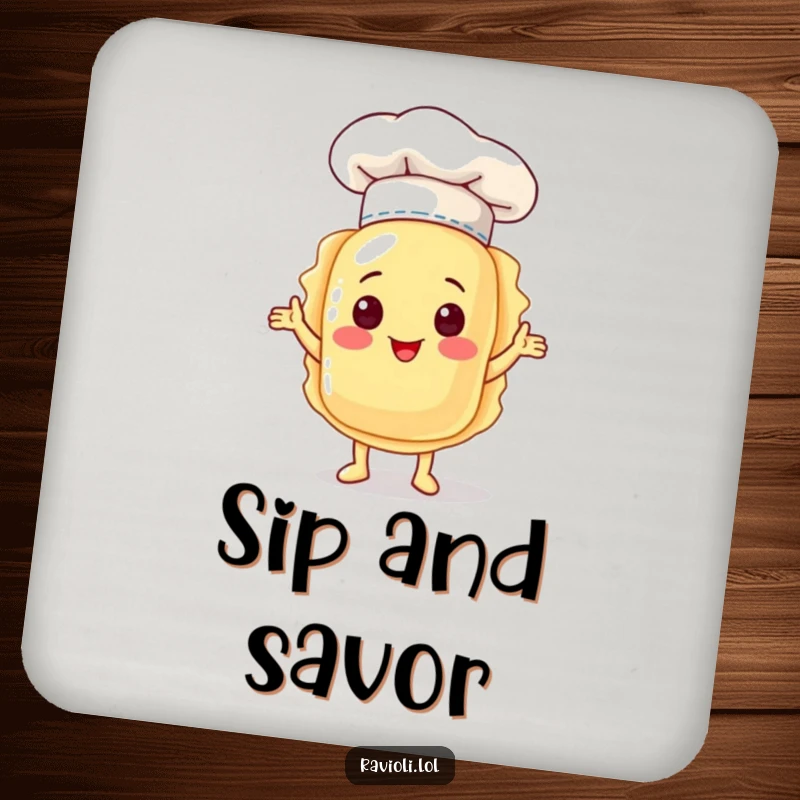 A drink coaster featuring a funny ravioli character in a chef hat, proudly presenting itself, adding a touch of culinary humor.