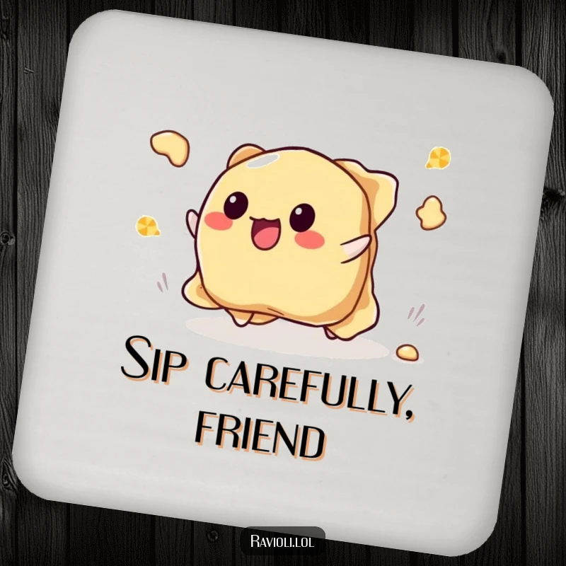 Funny tripping ravioli coaster featuring a ravioli character stumbling and its filling spilling out joyfully, perfect for surfaces.