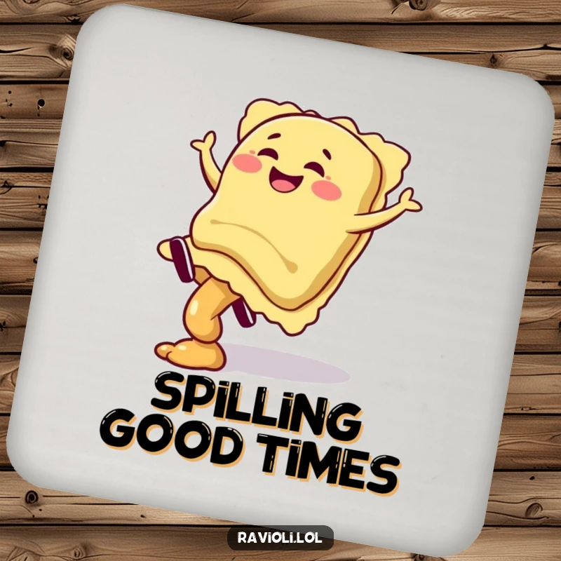 Funny ravioli character giggling mid-cartwheel with filling spilling on a round coaster, a humorous and protective accessory, great gift.