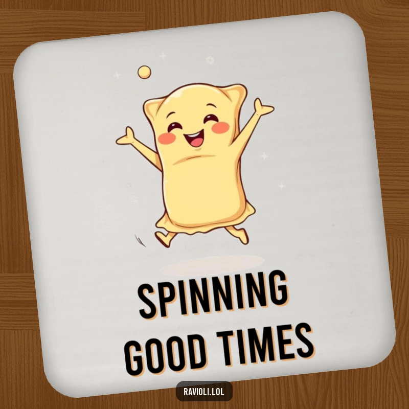 Funny happy ravioli doing cartwheels with flying dough, coaster featuring a joyful Italian pasta character, perfect funny table protection.