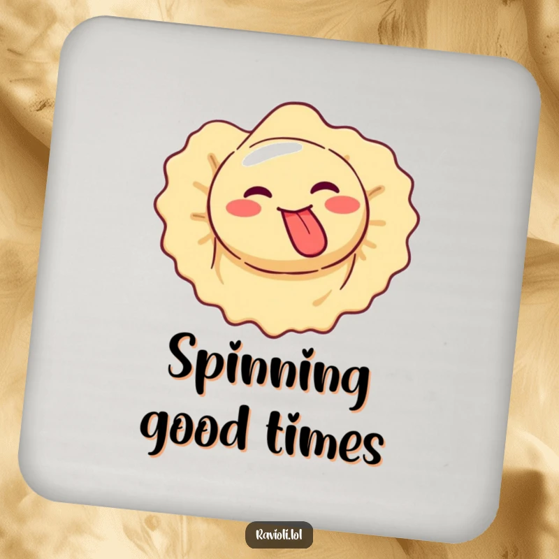 Funny ravioli makes silly face, tongue out, spinning, drink coaster.