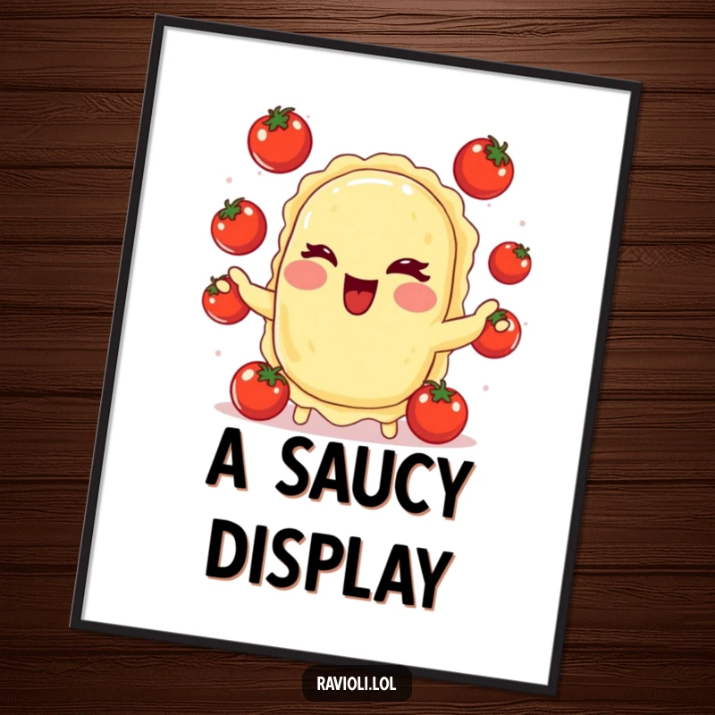 Funny poster depicting a ravioli character winking and juggling tiny tomatoes, adding whimsical Italian food art to any room.