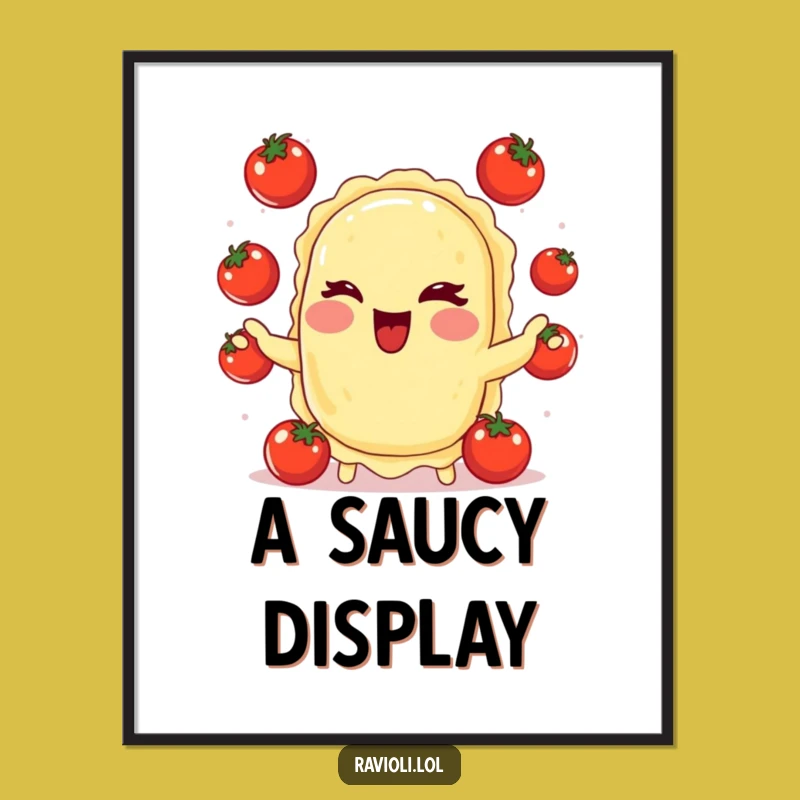 Funny Ravioli Juggling Tomatoes Poster: Whimsical Wall Art for Kitchens