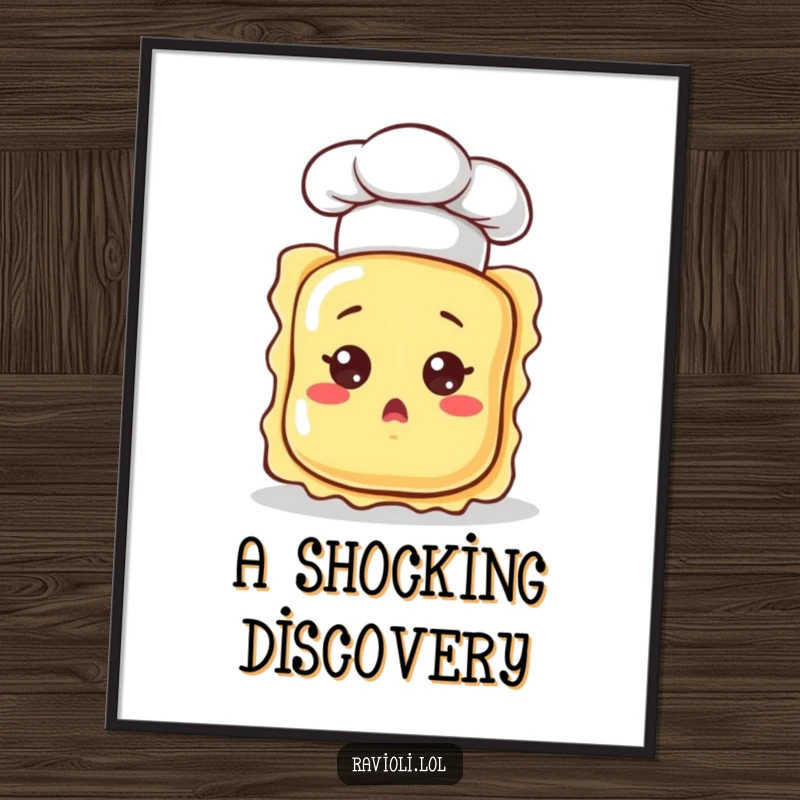 Vibrant funny ravioli character in a tiny chef hat, looking surprised, displayed as a humorous art poster for wall decor.