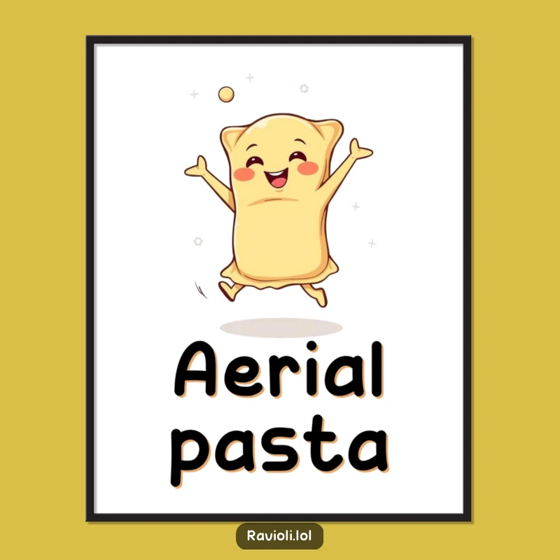 Funny Happy Ravioli Poster: Dynamic Italian Pasta Cartwheeling, Vibrant Humorous Wall Art