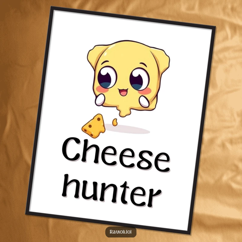 Funny poster art of a ravioli character with wide eyes trying to catch falling cheese, a humorous and relatable kitchen piece.