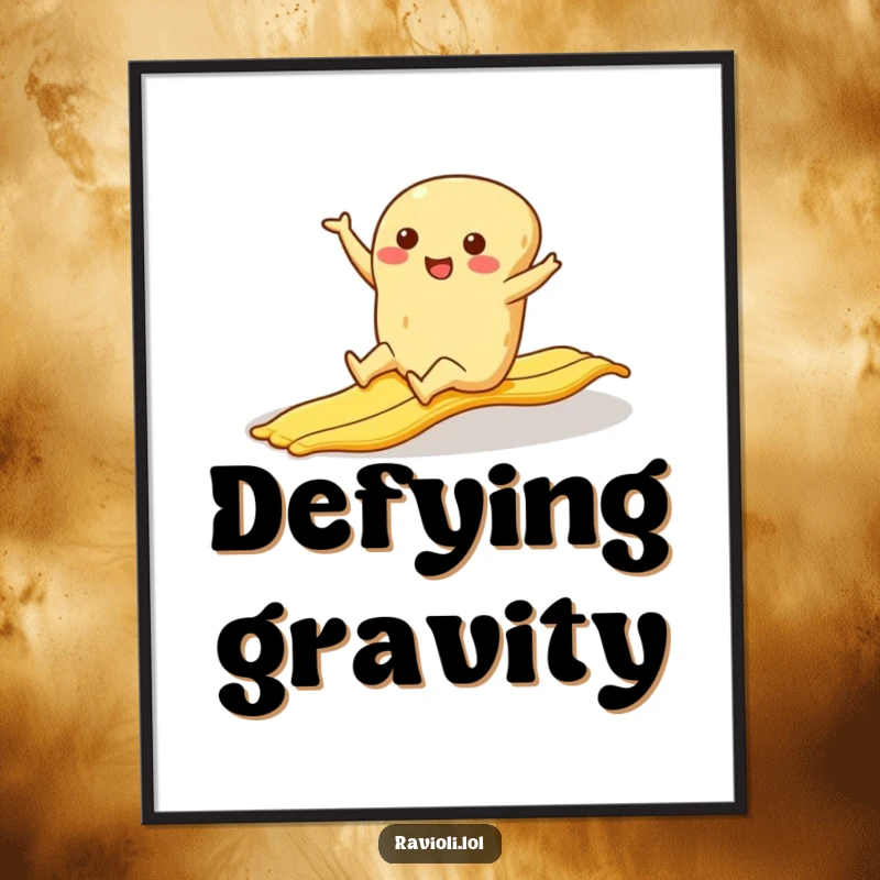 Funny ravioli character in a comical fall after slipping on a banana peel, a wall art piece.