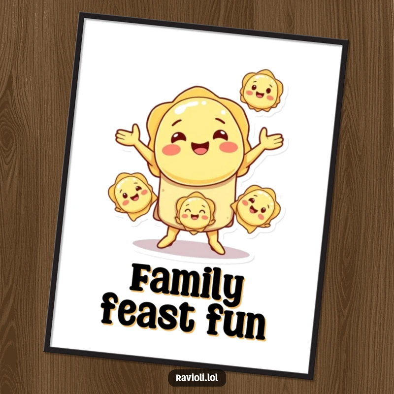 Funny smiling ravioli character artfully juggling small ravioli, framed as humorous wall art.