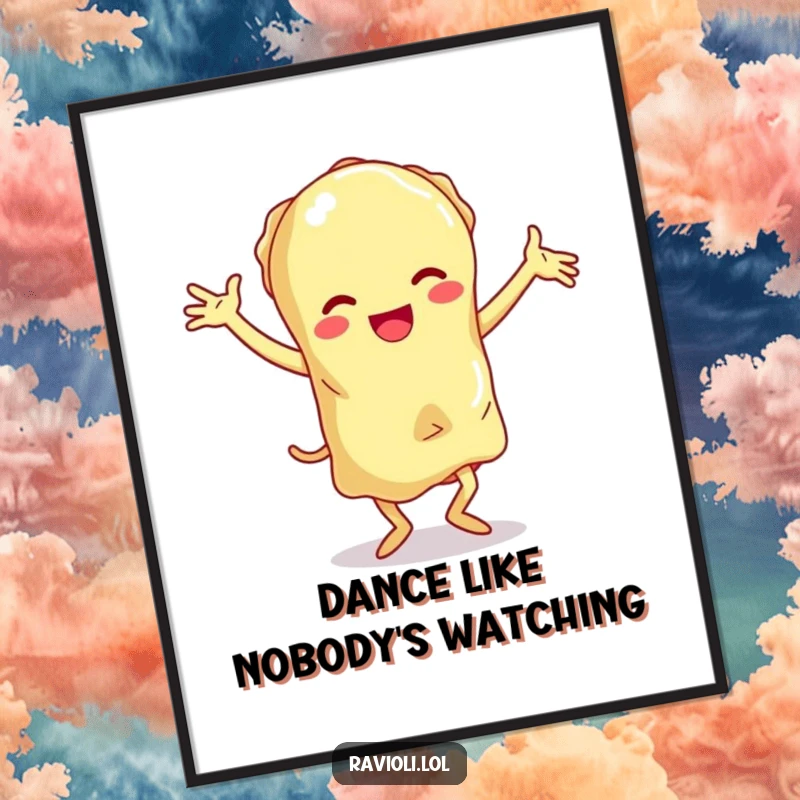 Funny ravioli character with floppy limbs performing a clumsy dance, humorous wall art.