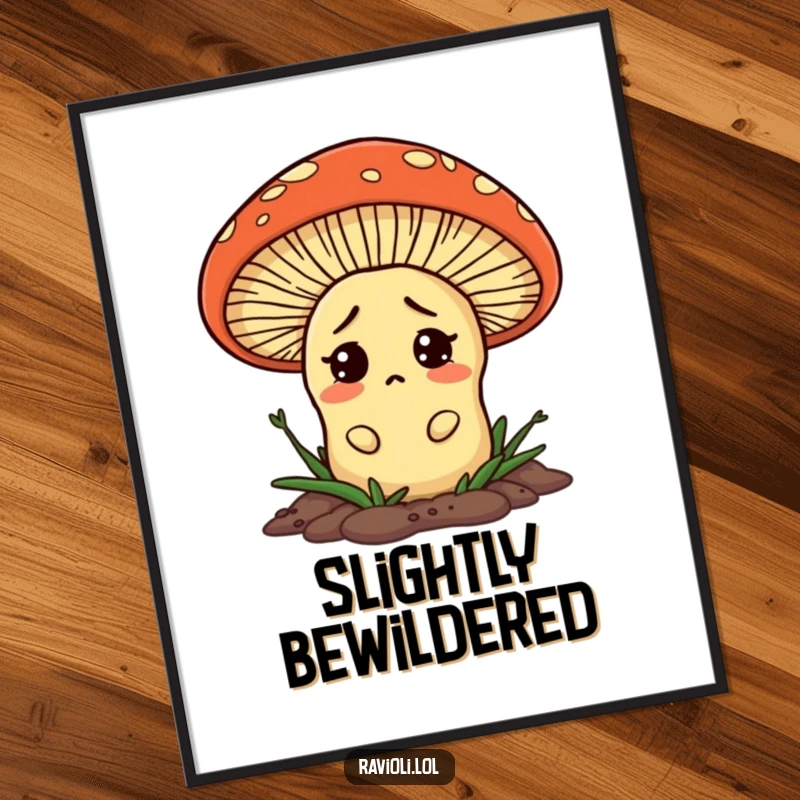 A confused ravioli peeking from behind a giant mushroom on a poster, creating a whimsical and humorous scene.
