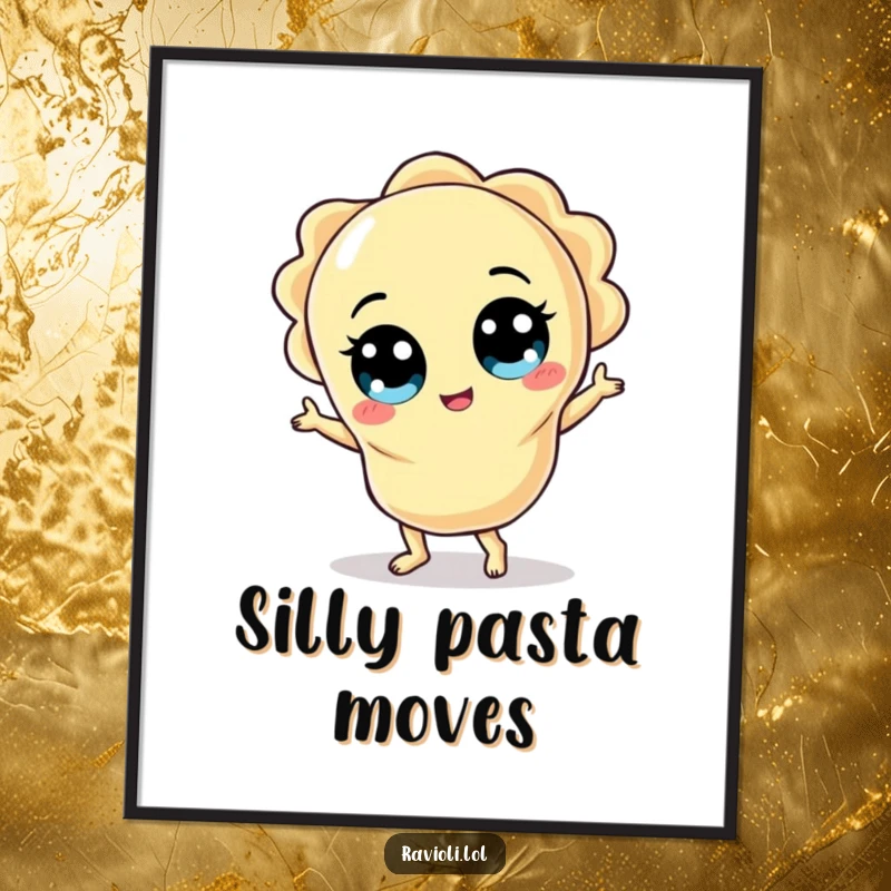 Funny ravioli character with wide eyes doing a silly dance, creating a humorous and lively wall art poster.