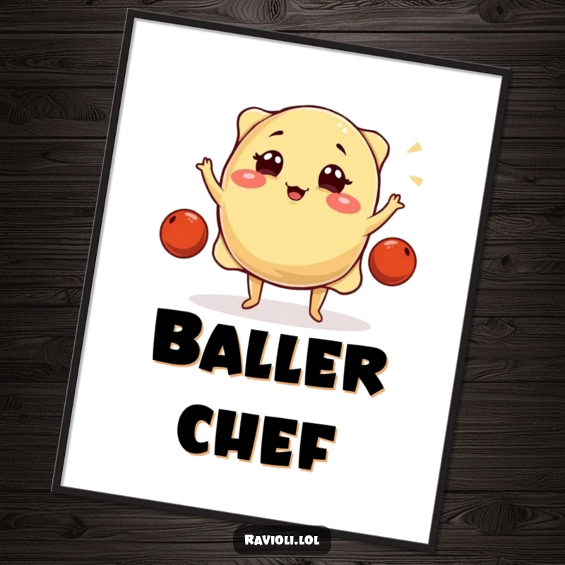 Funny ravioli character winks while juggling meatballs, depicted on a vibrant poster, perfect for kitchen or dining room decor.