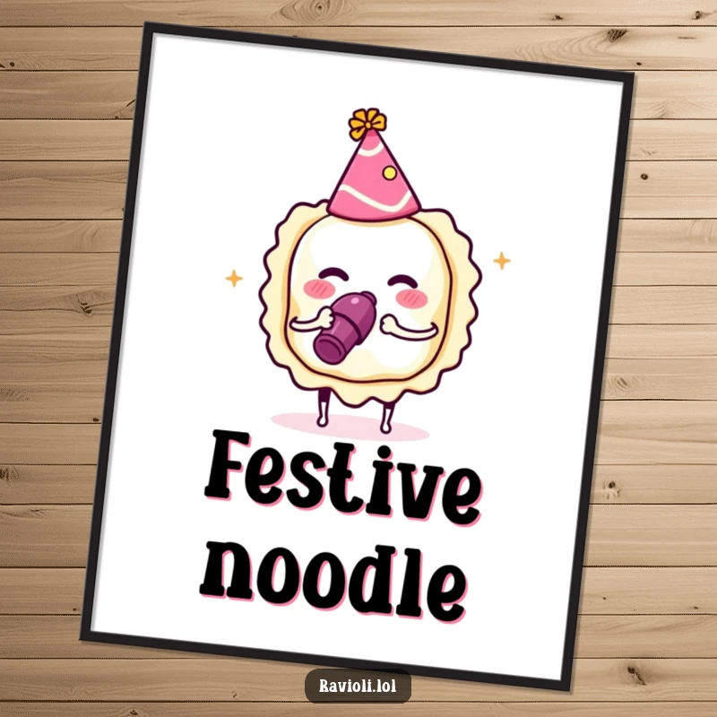 Funny ravioli wearing a party hat and blowing a noisemaker, poster of a festive Italian food character, perfect funny wall decor.