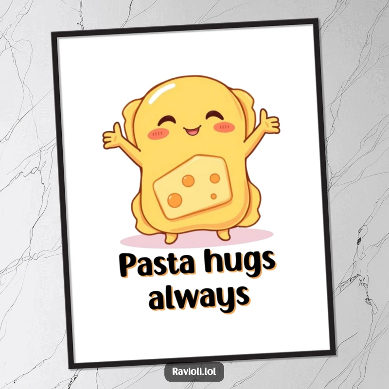 Funny poster of a ravioli embracing a shy, blushing cheese, showcasing cute cartoon food art for delightful wall decor.