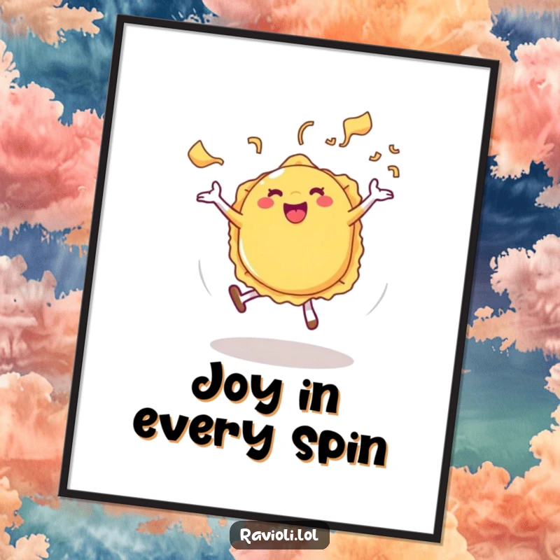 Funny Ravioli Poster showcasing a ravioli character doing a cartwheel with stylized pasta steam, adding a touch of humor.