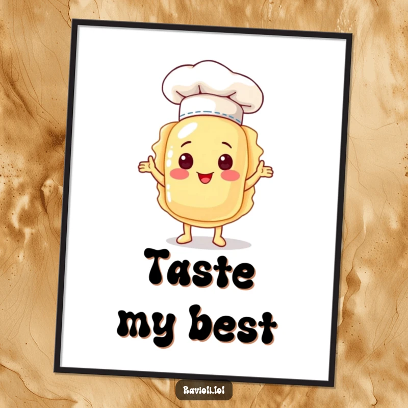 Funny ravioli character in a chef hat, standing proudly and presenting itself on a poster, adding culinary charm to any room.