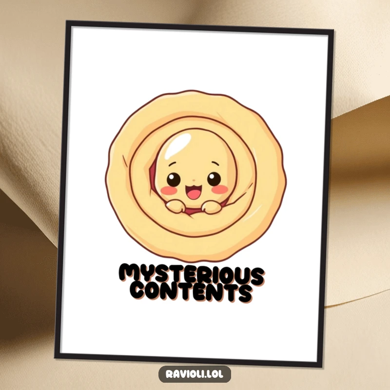 Funny ravioli character peeking from behind a large dough swirl, a whimsical and funny poster.