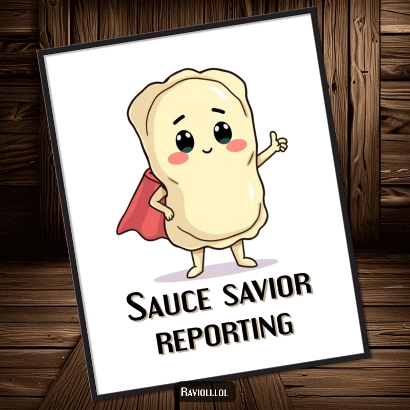 Funny ravioli character in a dramatic pose with a tiny cape, presented as humorous wall art on a poster.