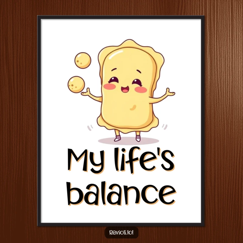 Funny ravioli character masterfully juggling three small cheese balls, presented as vibrant wall art for a humorous touch.