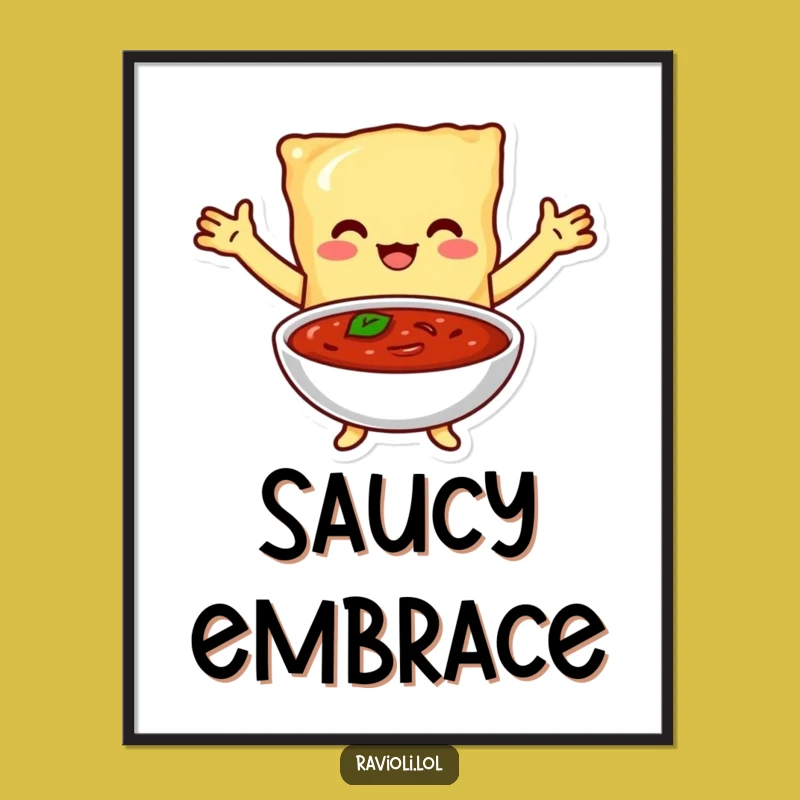 Funny Ravioli Marinara Embrace Poster - Whimsical Italian Food Art