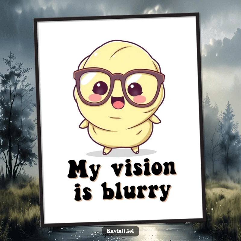 Funny Ravioli Poster featuring a pasta character with oversized glasses tripping, bringing whimsical humor to wall decor.