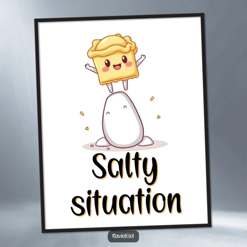 Funny poster art of a ravioli character attempting to balance on a colossal salt shaker, a culinary comedy.