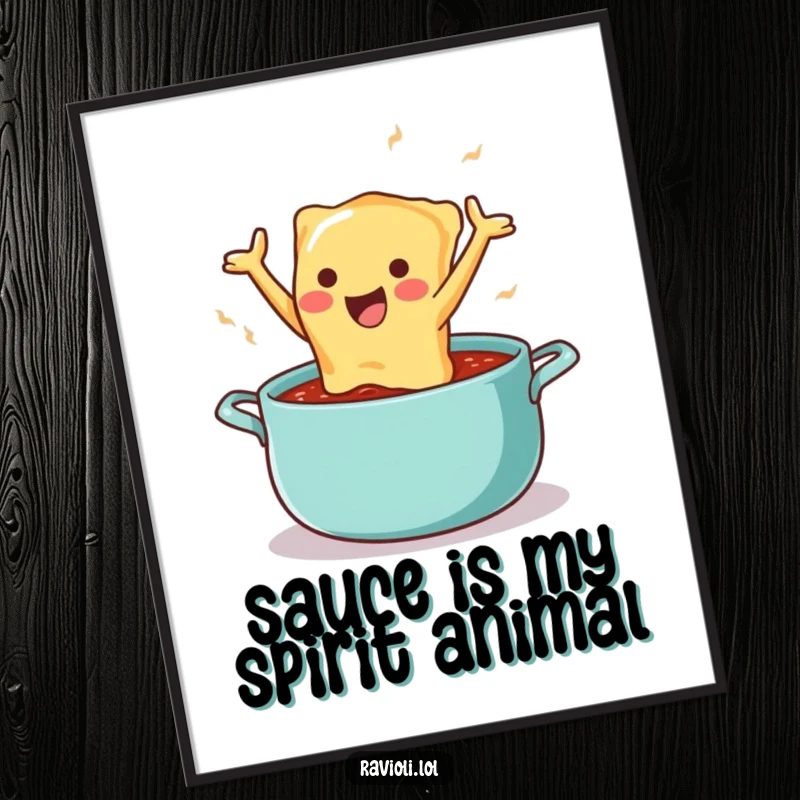 Funny poster art of a happy ravioli character leaping with abandon into a delicious, saucy abyss, full of culinary joy.