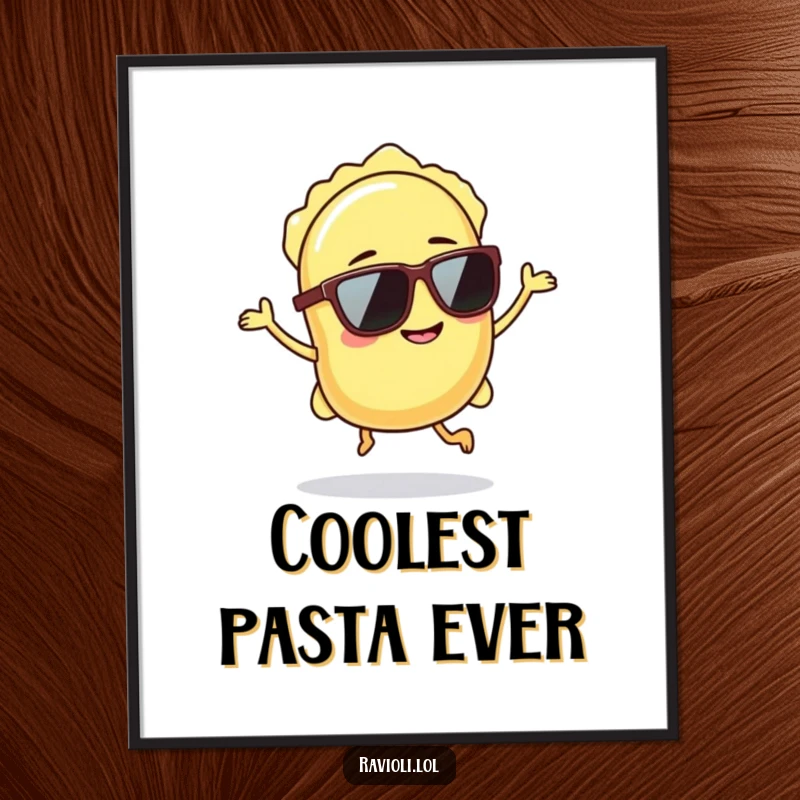 Funny ravioli wearing sunglasses hops with a grin, cool wall art, pasta humor.