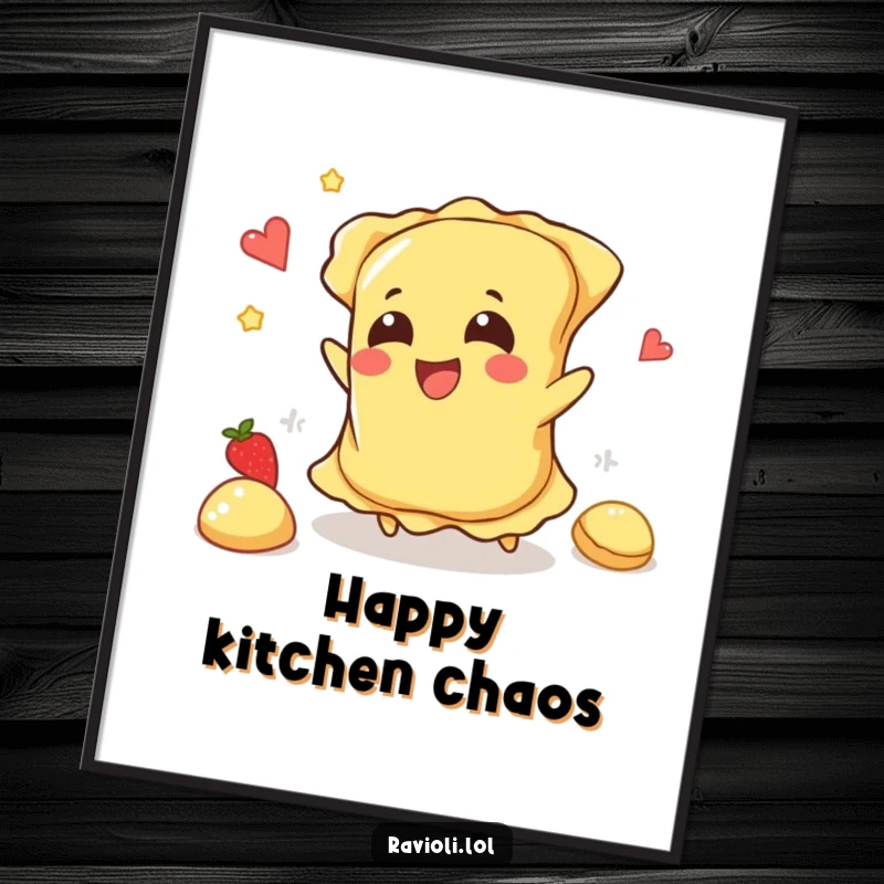 Funny ravioli character tripping, filling happily flying, framed as humorous wall art.