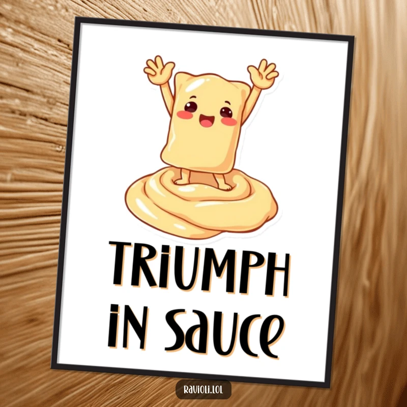 Funny poster print of a ravioli character striking a proud, triumphant pose atop a luxurious swirl of creamy sauce, celebrating a win.