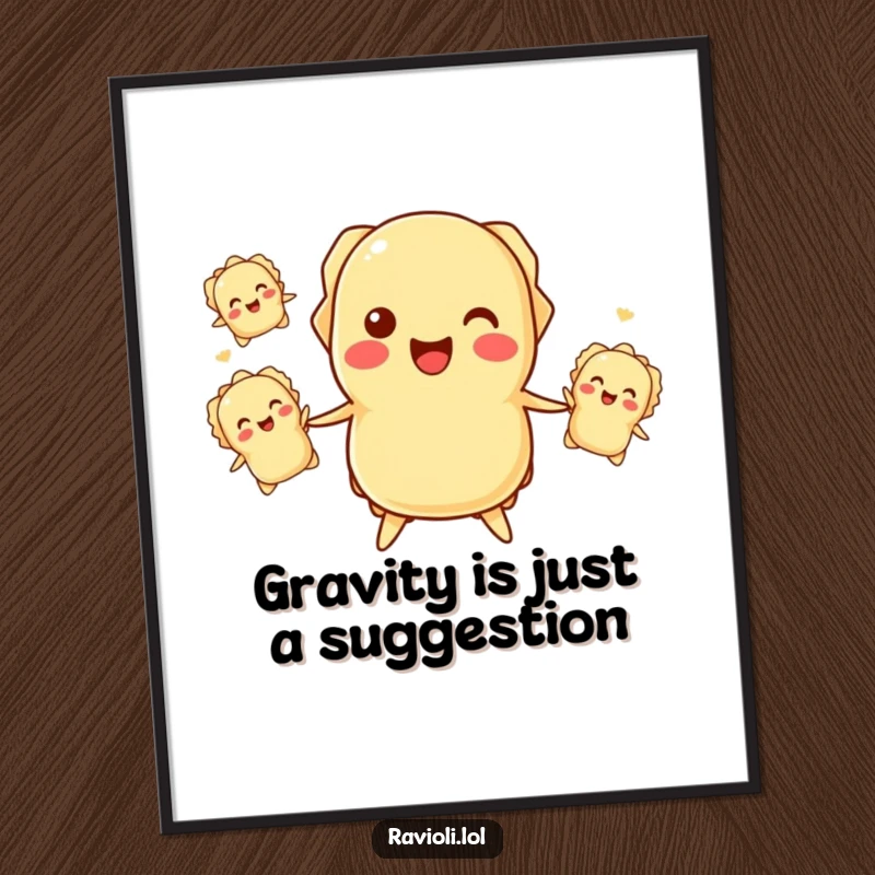 Funny ravioli juggling poster showing a happy ravioli character juggling smaller ones, perfect for kitchen or dining room decor.