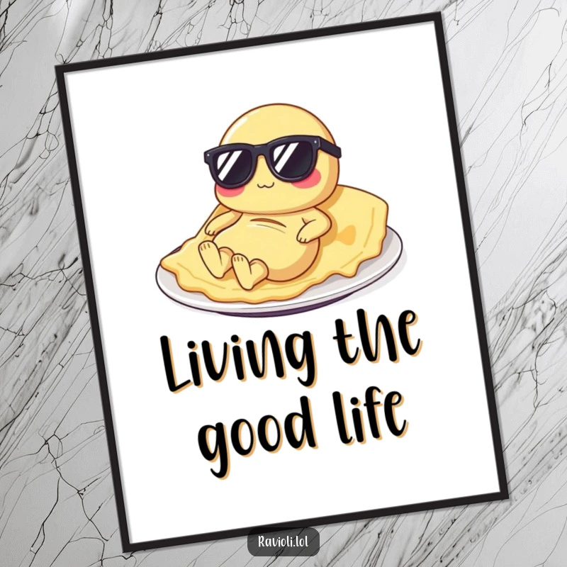 Funny ravioli poster featuring a sunbathing pasta character in tiny sunglasses on a plate, adding humor to any room.