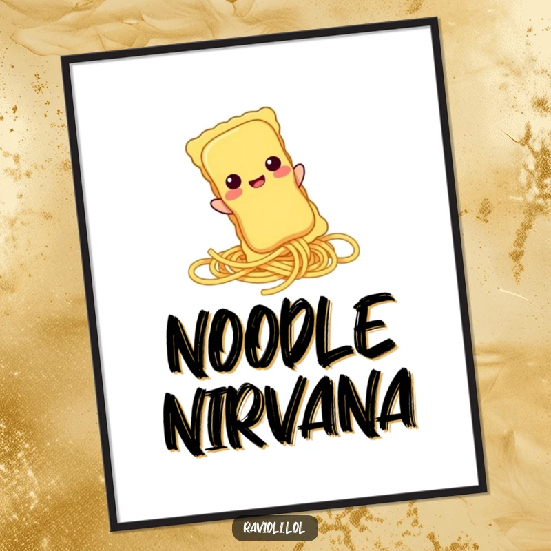 Funny ravioli character joyfully sliding down a spaghetti strand on a poster, capturing a moment of pure pasta delight.