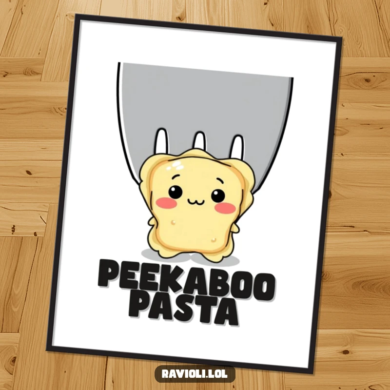 Funny shy ravioli peeking behind a giant fork, showcasing a timid Italian food character, perfect for funny wall decor.