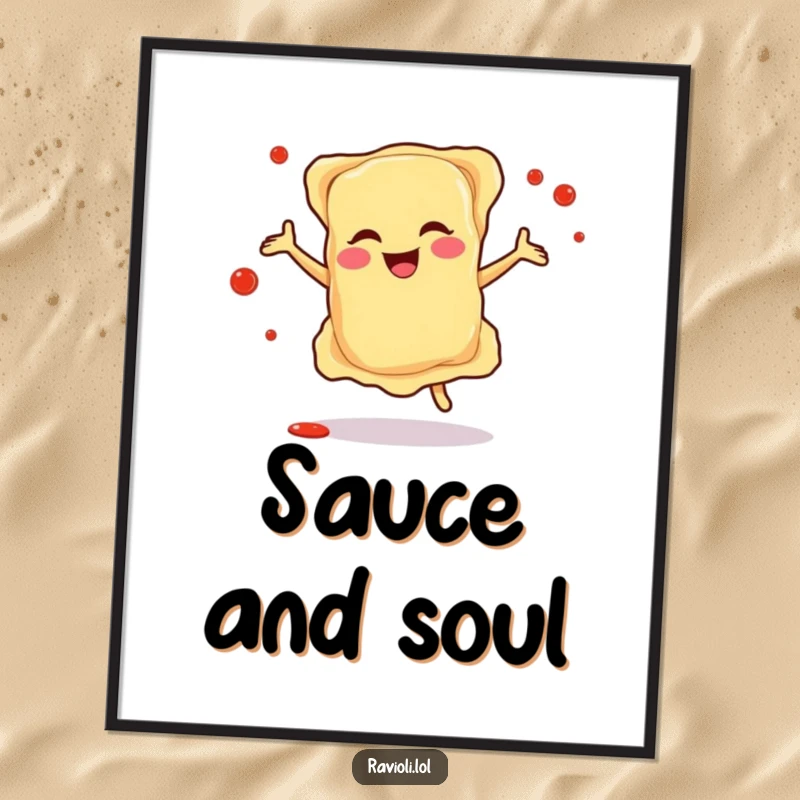 Funny poster art of a happy ravioli character dancing joyfully, with energetic sauce splatters around, capturing the essence of Italian culinary celebration.