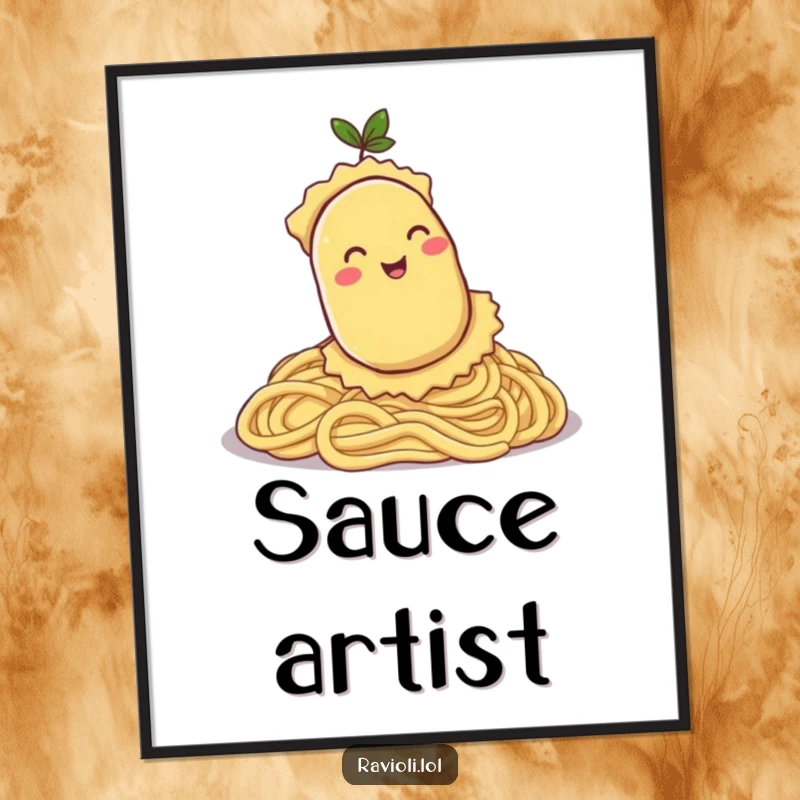 Funny poster art of a ravioli character happily rolling down a hill of pasta, evoking a sense of playful delight.