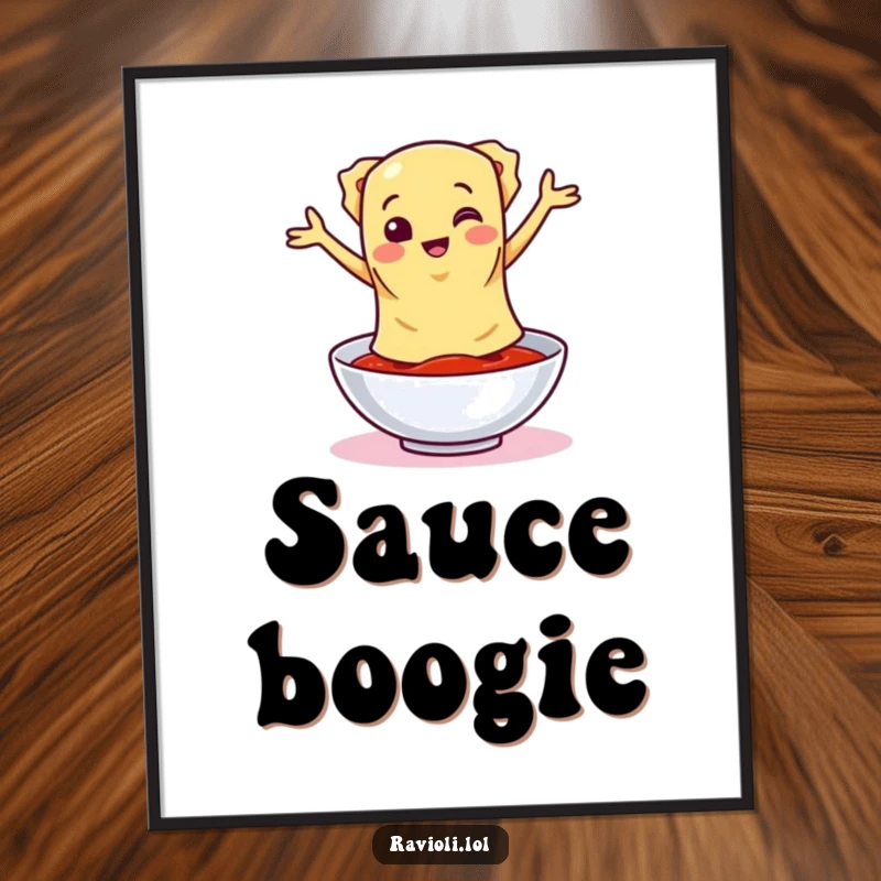 A dynamic poster print of a funny ravioli character joyfully dancing around a bowl of sauce, capturing pure culinary celebration.