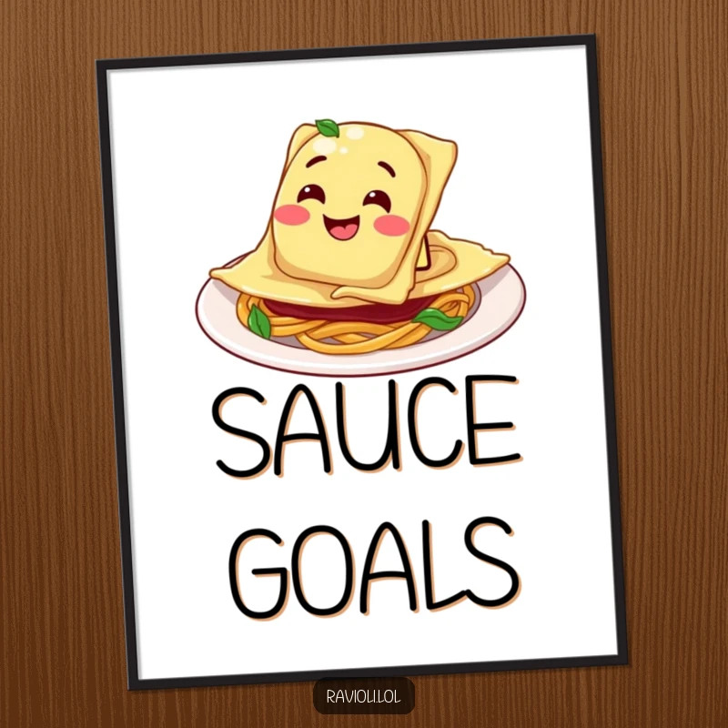 Funny Ravioli Plate Poster: Ravioli character sliding into a plate with a goofy grin, printable art for fun kitchen decor.