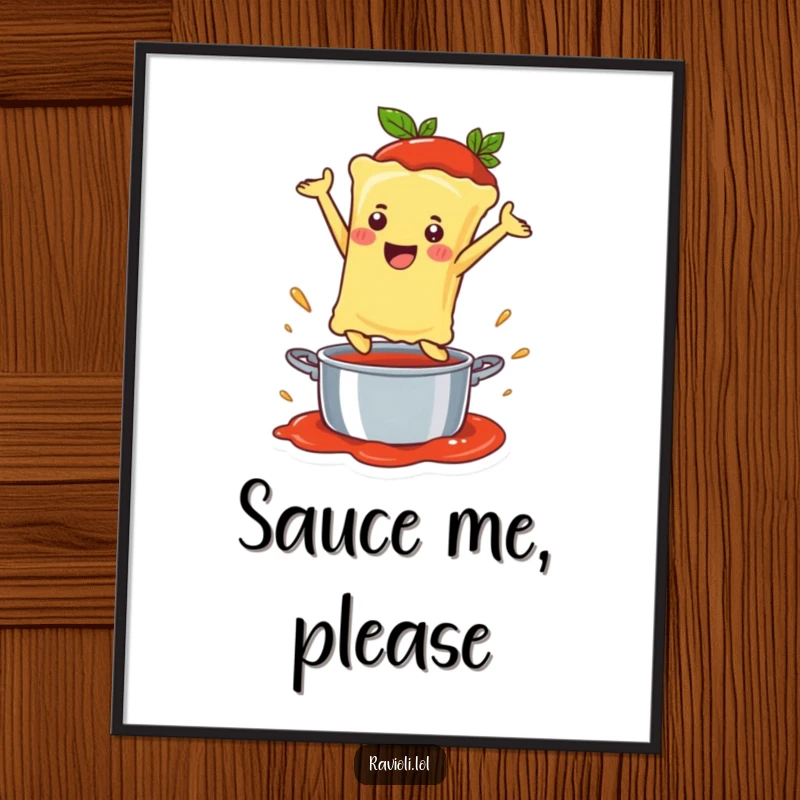 Funny Ravioli Poster capturing a happy ravioli character mid-leap into a pot of sauce, a vibrant piece.