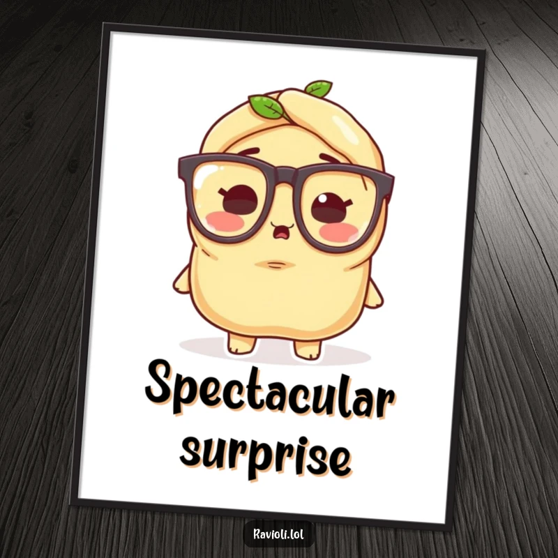 Funny ravioli character wearing tiny oversized glasses, looking surprised, framed as humorous wall art.