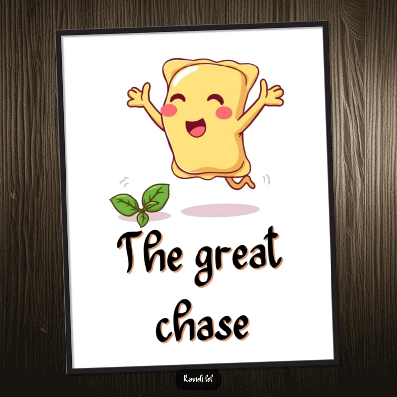 Funny ravioli joyfully chases a basil leaf with open arms, whimsical art print.