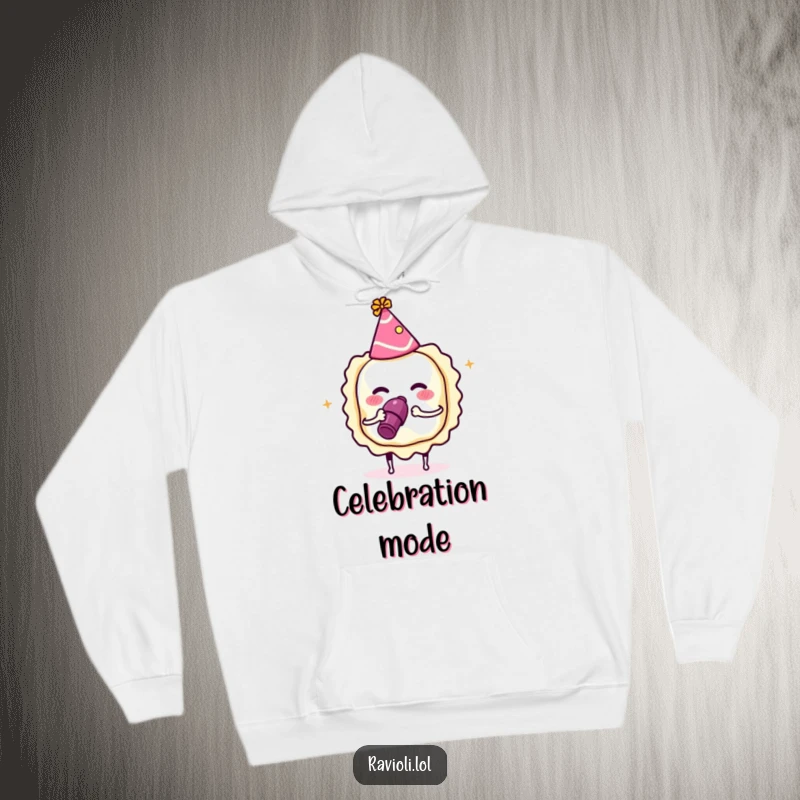 Funny ravioli wearing a party hat and blowing a noisemaker, cozy hoodie with a festive Italian food character, excellent funny gift.