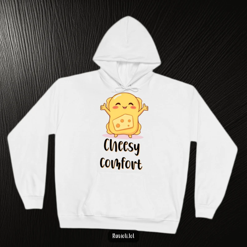 Funny hoodie showcasing a ravioli embracing a shy, blushing cheese, offering warm comfort and a humorous food illustration.