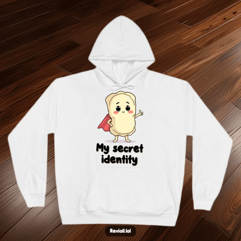 Funny ravioli character in a dramatic pose with a tiny cape, featured on a cozy hoodie for warmth and Italian flair.